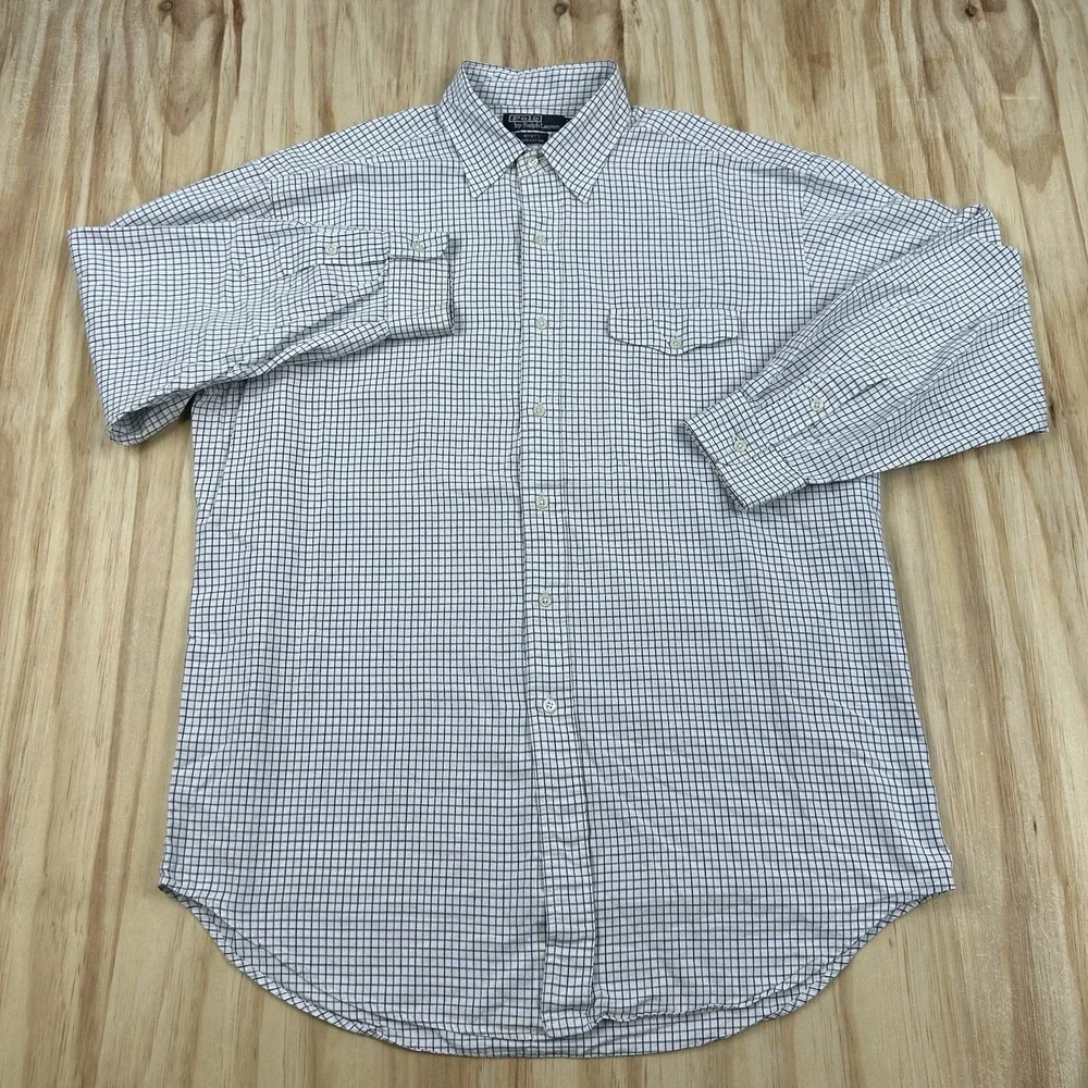 Polo Ralph Lauren Men's Large White Wyatt Check Long Sleeve Button Shirt Pocket
